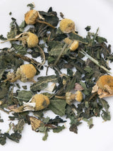 Nahaufnahme Schale Bio-Kräutertee mit Brennnessel und Pfefferminze für die Pollenflugzeit