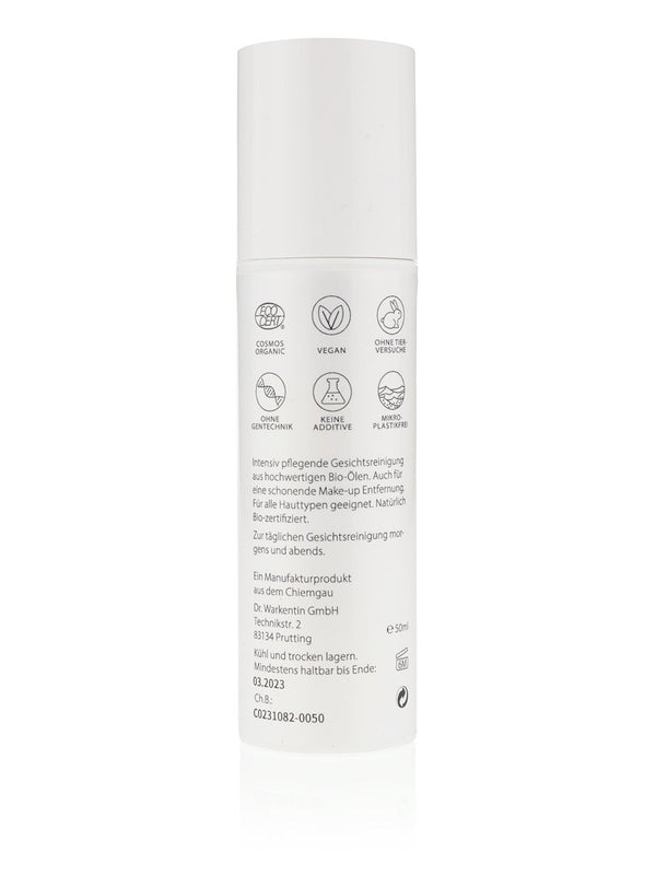 Bio-Reinigungsmilch, pflegende Emulsion mit Sesamöl zur Reinigung und Make-up Entfernung, vegan, 50ml Airless Spender Rückseite