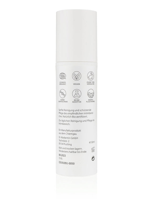 Intimwaschlotion, sanfte Reinigung und schützende Pflege, vegan, 50ml Airless Spender Rückseite